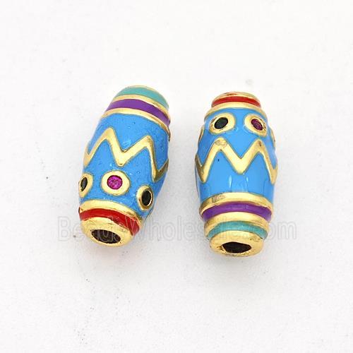 Copper Rice Beads Pave Zirconia Blue Enamel Gold Plated