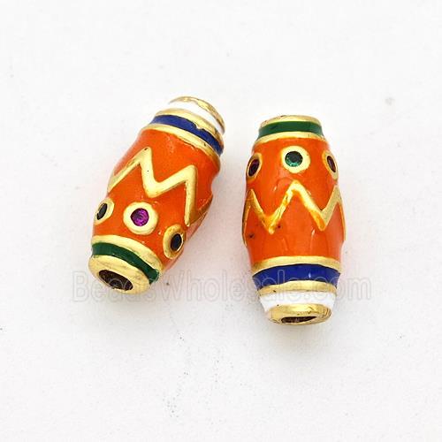 Copper Rice Beads Pave Zirconia Orange Enamel Gold Plated
