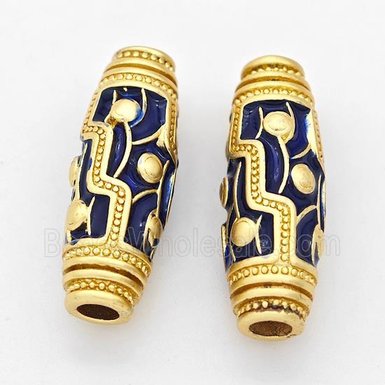Copper Rice Beads Darkblue Enamel Large Hole Gold Plated