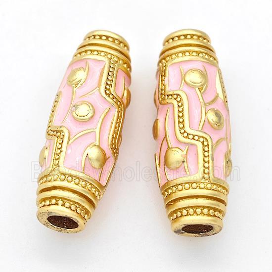 Copper Rice Beads Pink Enamel Large Hole Gold Plated