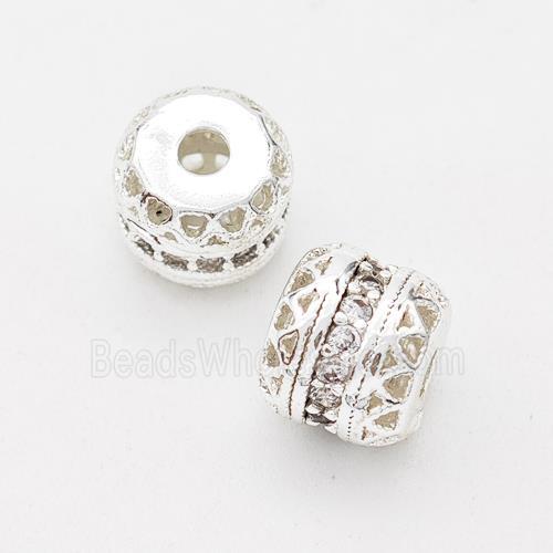 Copper Rondelle Beads Micro Pave Zirconia Hollow Shiny Silver