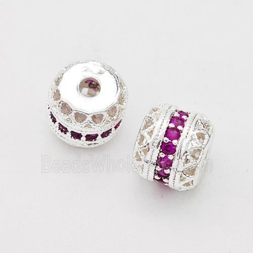 Copper Rondelle Beads Micro Pave Zirconia Hollow Shiny Silver