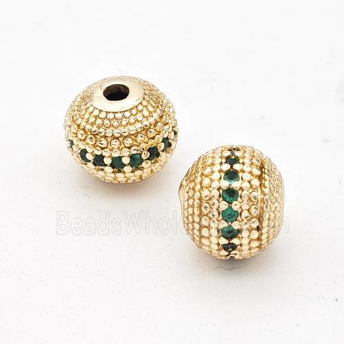 Copper Round Beads Micro Pave Green Zirconia Gold Plated