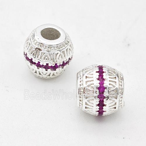 Copper Round Beads Micro Pave Fuchsia Zirconia Large Hole Shiny Silver