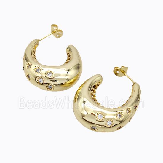 Copper Stud Earrings Micro Pave Zirconia C-Shape Hollow Gold Plated