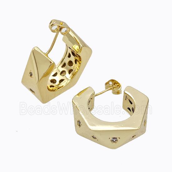 Copper Stud Earrings Micro Pave Zirconia C-Shape Hollow Gold Plated