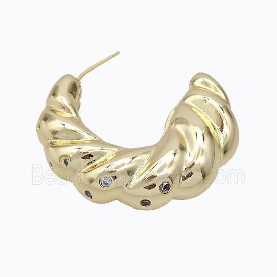 Copper Stud Earrings Micro Pave Zirconia C-Shape Hollow Gold Plated