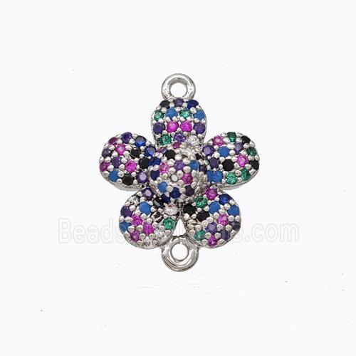 Copper Flower Connector Micropave Zirconia Multicolor Platinum Plated