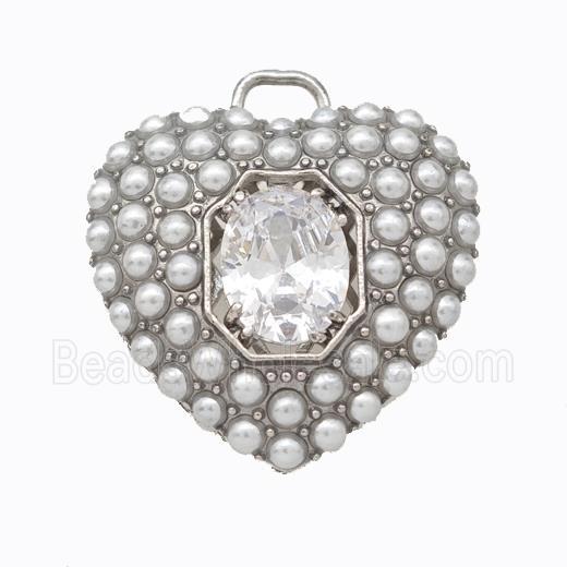 Copper Heart Pendant Micropave Zirconia Pearlized Resin Platinum Plated