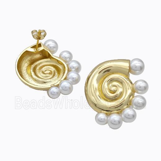Copper Stud Earrings Pave Pearlized Resin Spiral Shell Gold Plated