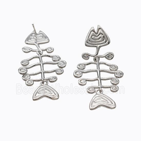 Copper Fishbone Stud Earrings Platinum Plated