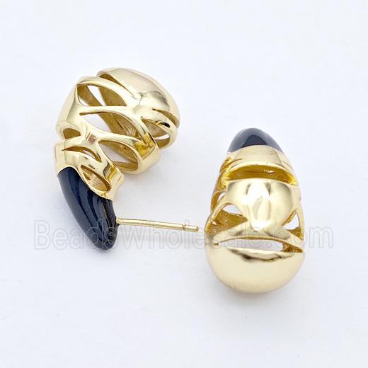 Copper Teardrop Stud Earrings Black Enamel Hollow Gold Plated