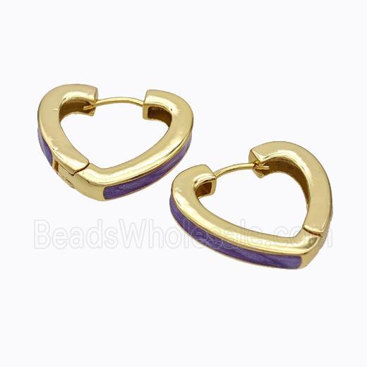 Copper Heart Latchback Earrings Purple Painted Gold Plated