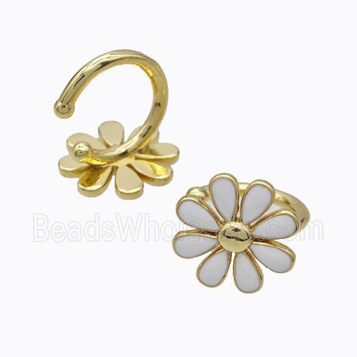Copper Daisy Clip Earrings Flower White Enamel Gold Plated