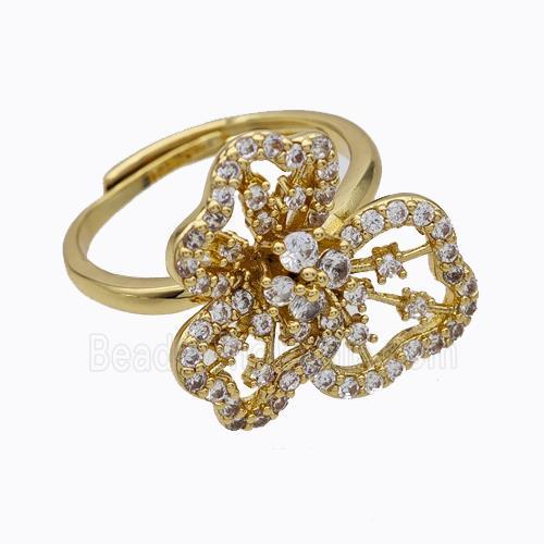 Copper Flower Rings Micropave Zirconia Adjustable Gold Plated