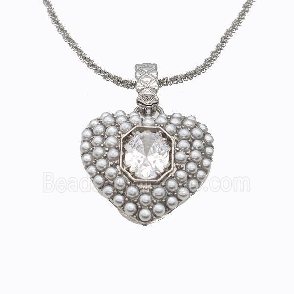 Copper Heart Necklace Pave Pearlized Resin Platinum Plated