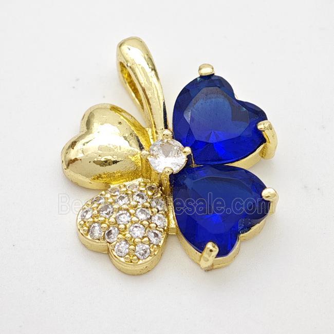 Copper Clover Pendant Pave Zirconia Blue Crystal Glass Gold Plated