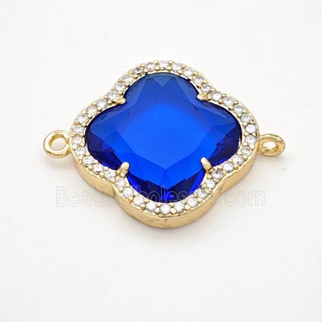 Blue Crystal Glass Copper Clover Connector Pave Zirconia Gold Plated