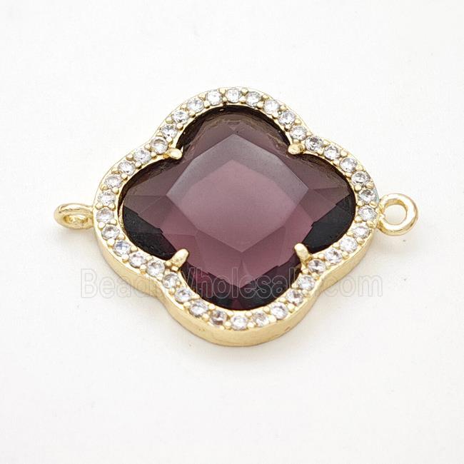 Purple Crystal Glass Copper Clover Connector Pave Zirconia Gold Plated