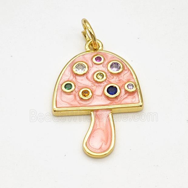 Copper Mushroom Pendant Pave Zirconia Pink Painted Gold Plated
