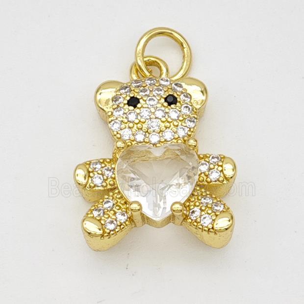 Copper Bear Pendant Micropave Zirconia Clear Crystal Glass Gold Plated
