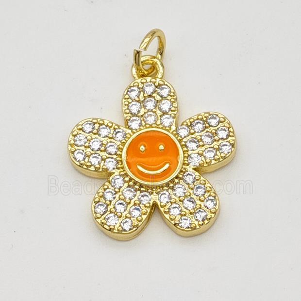 Copper Sunflower Pendant Pave Zirconia Orange Enamel Smileface Gold Plated