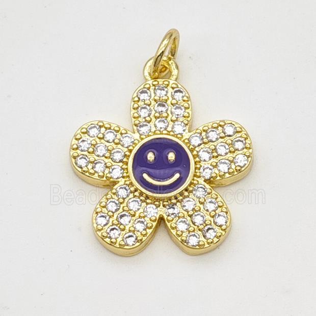 Copper Sunflower Pendant Pave Zirconia Purple Enamel Smileface Gold Plated