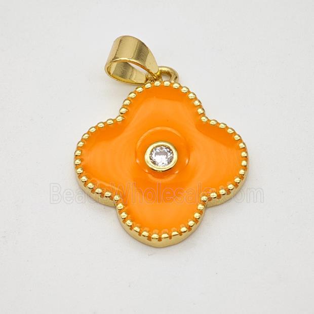 Copper Clover Pendant Orange Enamel Gold Plated