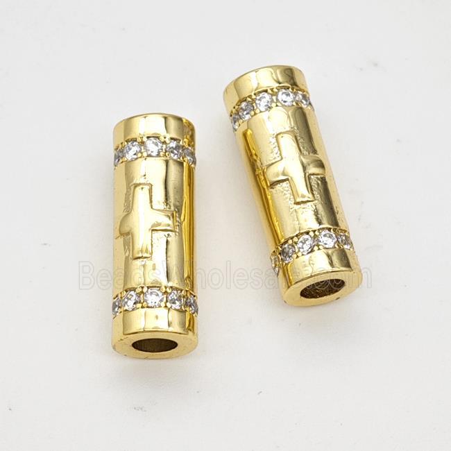 Copper Tube Beads Pave Zirconia Large Hole Gold Plated
