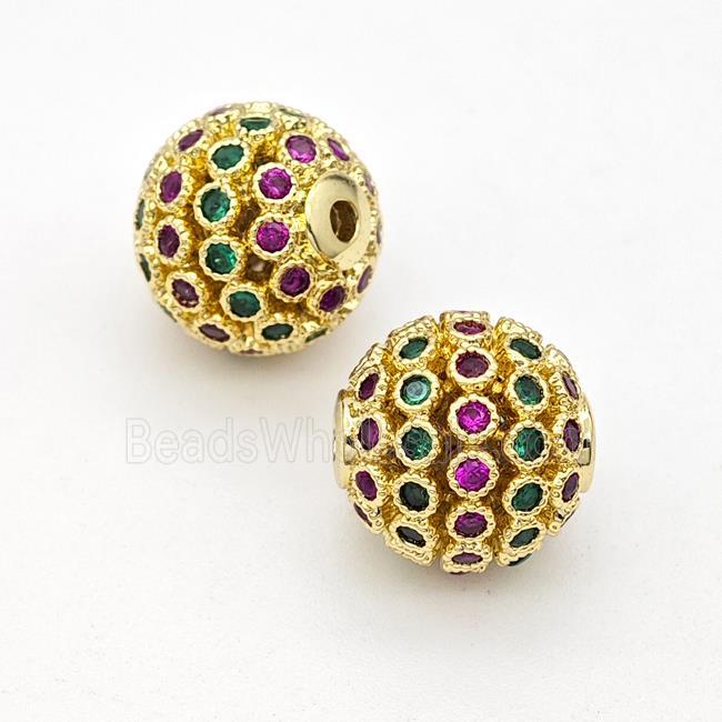 Copper Round Beads Micropave Multicolor Zirconia Hollow Gold Plated