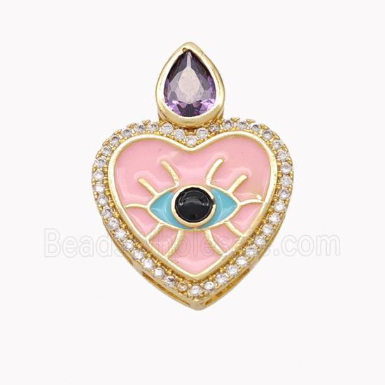 Copper Heart Pendant Pave Zirconia Pink Enamel Gold Plated