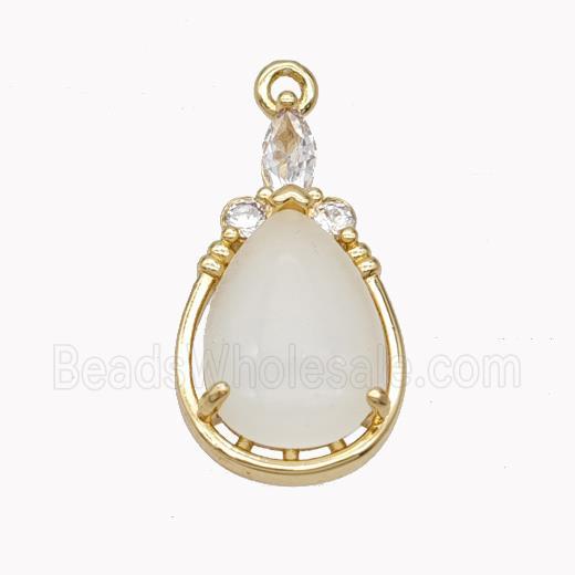 Copper Teardrop Pendant Pave White Cateye Glass Gold Plated
