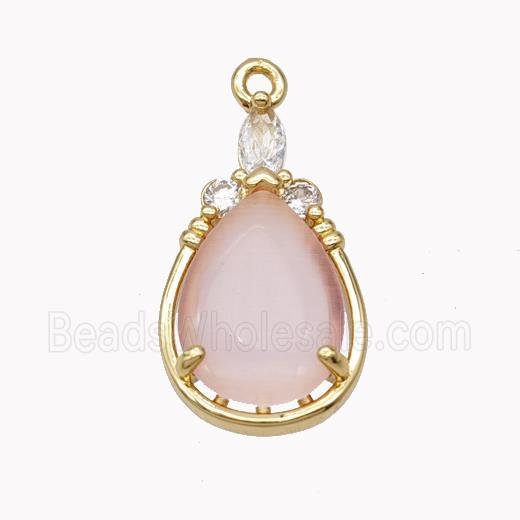 Copper Teardrop Pendant Pave Pink Cateye Glass Gold Plated