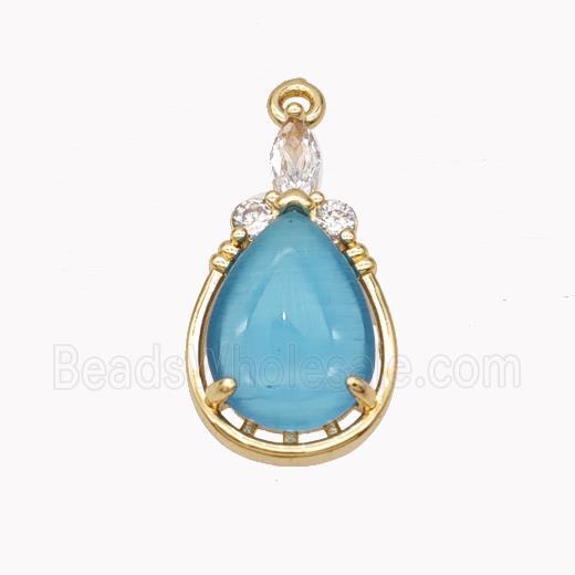 Copper Teardrop Pendant Pave Blue Cateye Glass Gold Plated