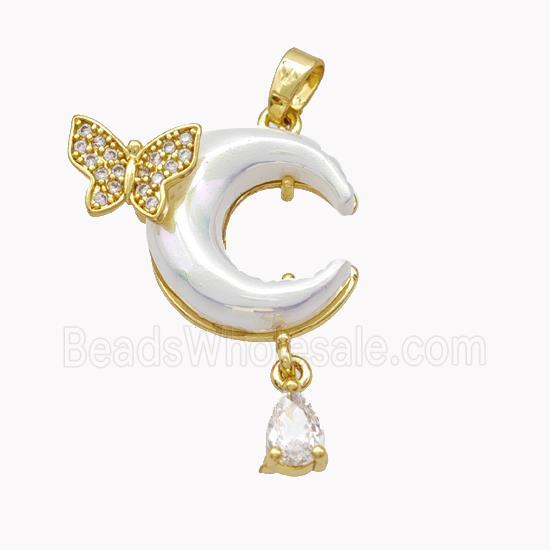 Copper Moon Pendant Pave White Acrylic Butterfly Gold Plated