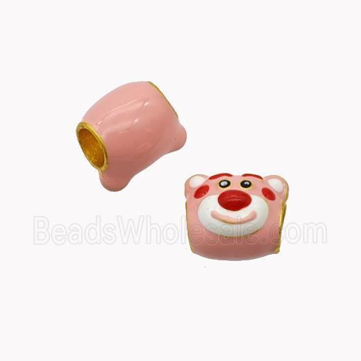Copper Bear Beads Pink Enamel Large Hole Cartoon Gold Plated