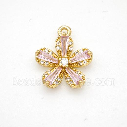 Copper Flower Pendant Pave Pink Crystal Glass Zirconia Gold Plated