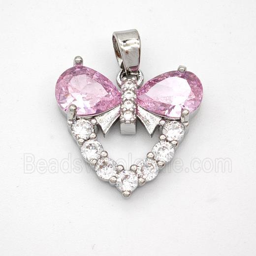 Copper Heart Pendant Pave Pink Crystal Glass Zirconia Platinum Plated