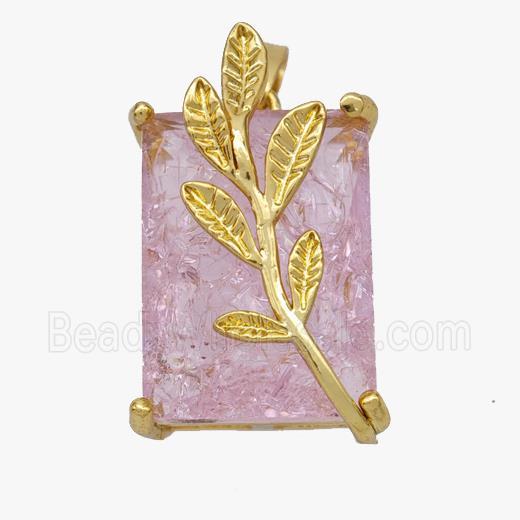 Copper Leaf Pendant Pave Pink Crystal Glass Rectangle Gold Plated
