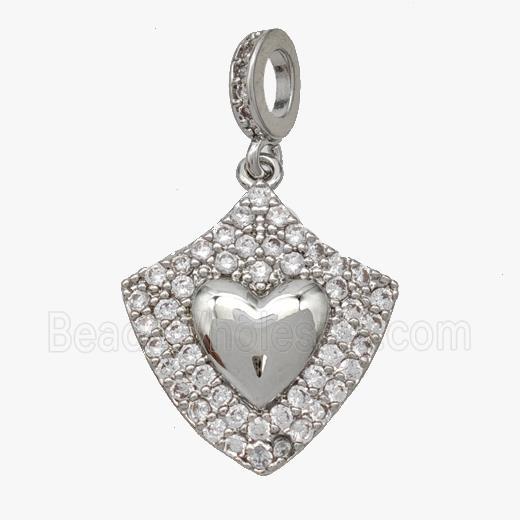 Copper Shield Pendant Pave Zirconia Heart Platinum Plated