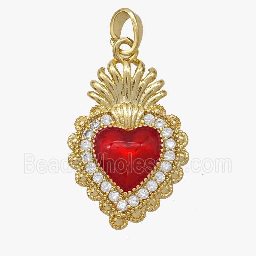Copper Heart Pendant Pave Zirconia Red Painted Gold Plated