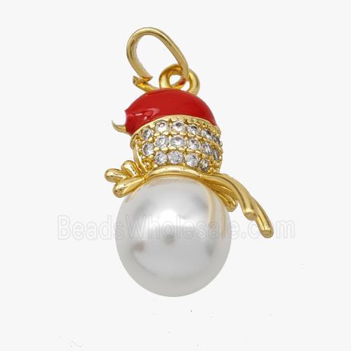 Christmas Snowman Copper Pendant Pave Zirconia Resin Red Enamel Gold Plated