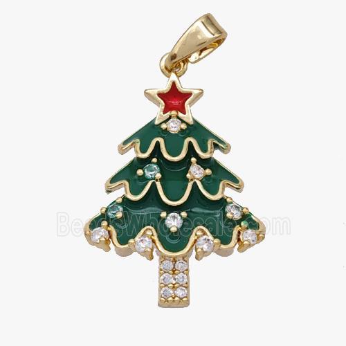 Christmas Tree Copper Pendant Pave Zirconia Green Enamel Gold Plated