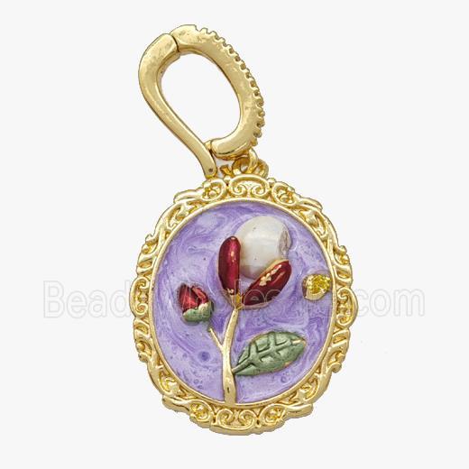 Copper Flower Pendant Pave Pearl Purple Painted Gold Plated