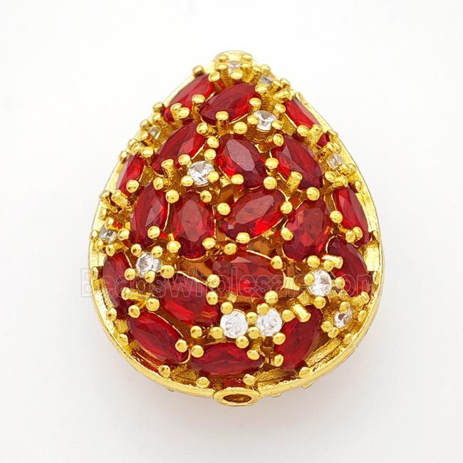 Copper Teardrop Beads Micropave Red Crystal Glass Gold Plated