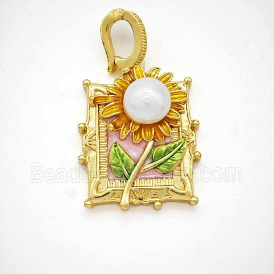 Copper Flower Pendant Pave Pearlized Resin Painted Gold Plated