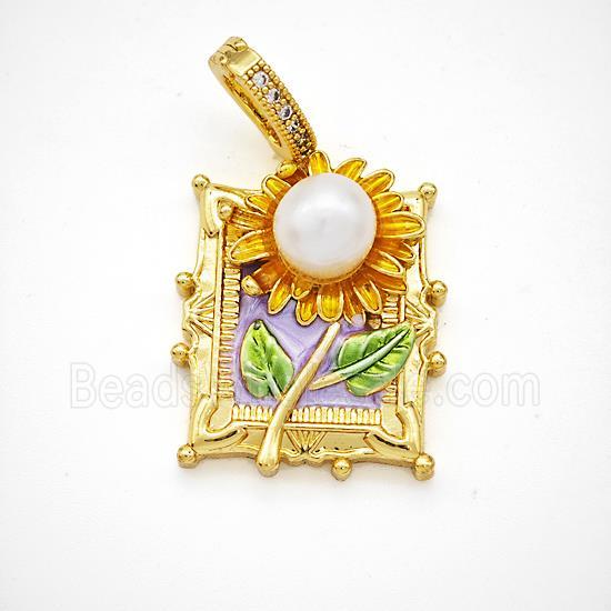 Copper Flower Pendant Pave Pearlized Resin Painted Gold Plated