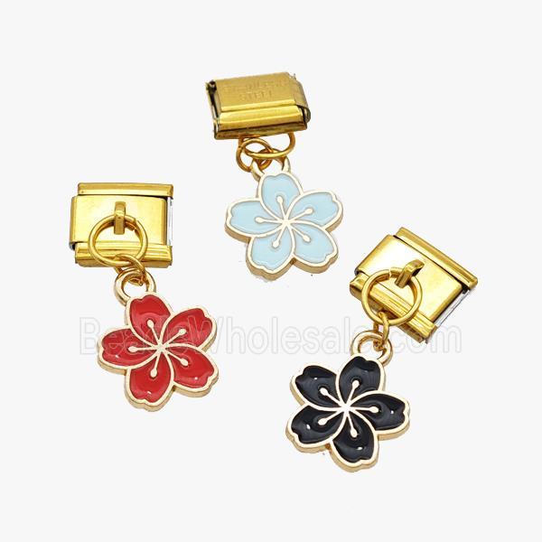Stainless Steel Element For Module Bracelet With Copper Flower Pendant Enamel Gold Plated Mixed