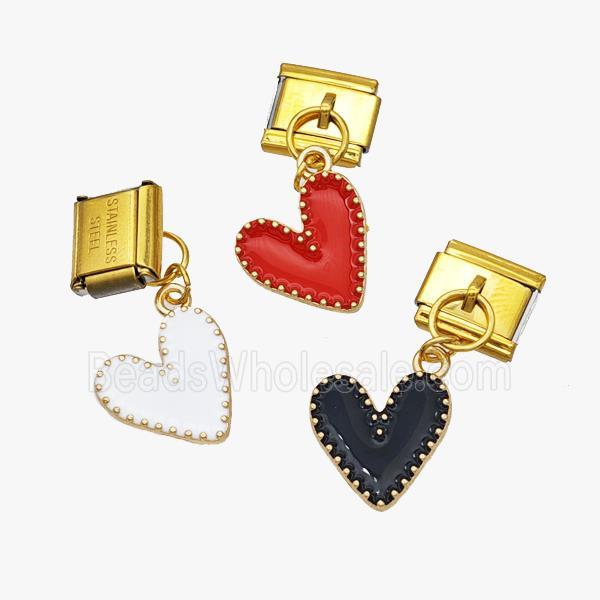 Stainless Steel Element For Module Bracelet With Copper Heart Pendant Enamel Gold Plated Mixed