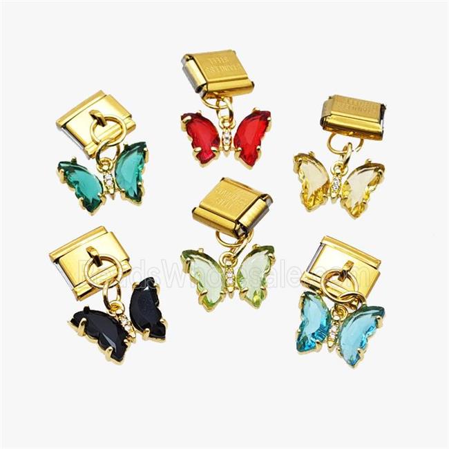 Stainless Steel Element For Module Bracelet With Crystal Glass Butterfly Pendant Gold Plated Mix